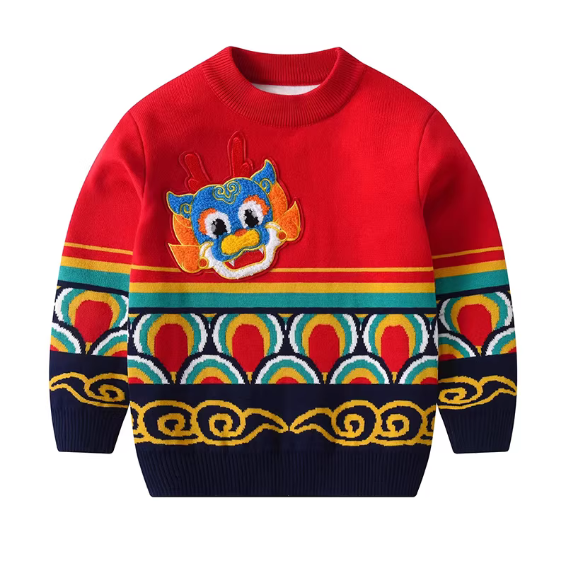 Áo len dệt kim hai lớp cho bé trai cho mùa xuân và mùa đông, áo len dệt kim cho bé gái cho mùa đông, trang phục Tết thiếu nhi năm Rồng mới, trang phục phù hợp giữa cha mẹ và con cái, hợp thời trang.
