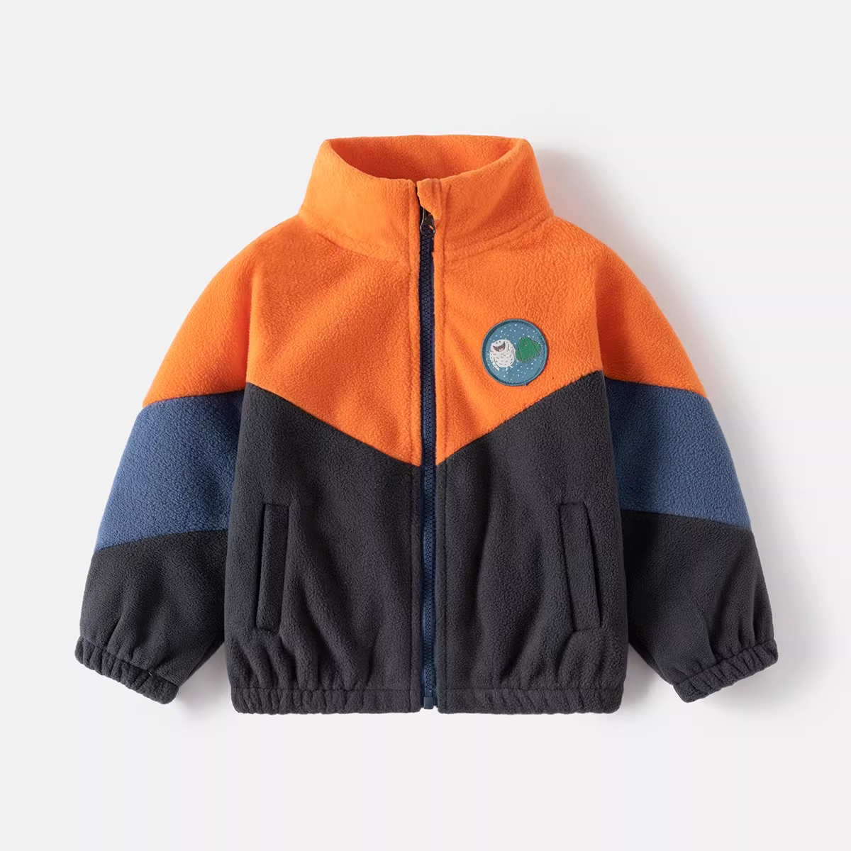 Áo khoác lông cừu trẻ em với màu sắc tương phản, quần áo mùa xuân và mùa đông, áo lông cừu thể thao sành điệu cho bé trai, áo sơ mi có cổ đứng có khóa kéo cho bé