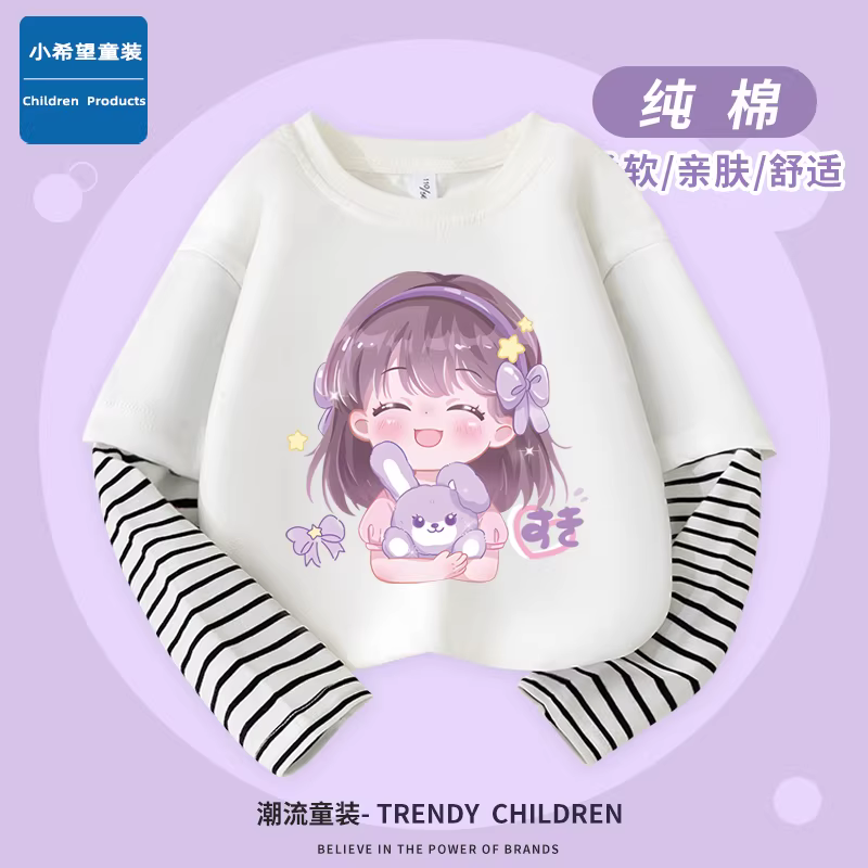 Áo thun nữ thời trang dài tay mùa xuân thu cotton nguyên chất kiểu dáng mới thời trang trẻ em giả hai mảnh tay áo sọc cổ tròn cho bé gái