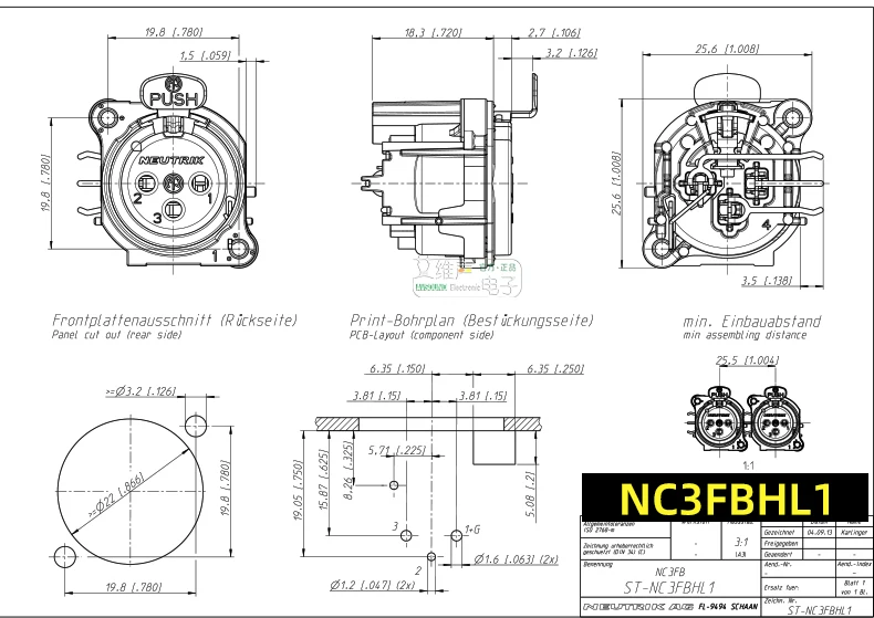 NC3FBHL-1 Đầu nối XLR ba chân Neutrik, loại cái, kim loại, lắp PCB bên trái, hàn bên cạnh