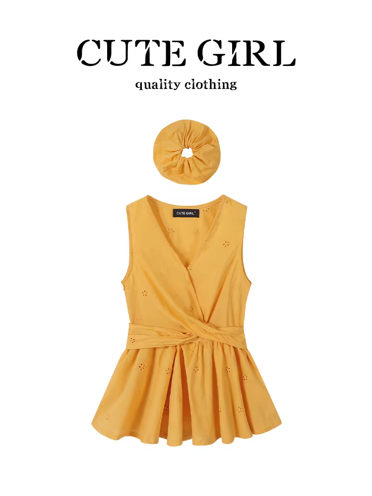 Áo vest không tay kiểu Pháp cổ chữ V khoét lỗ phối ren buộc dây eo cho nữ, áo thiết kế mùa hè