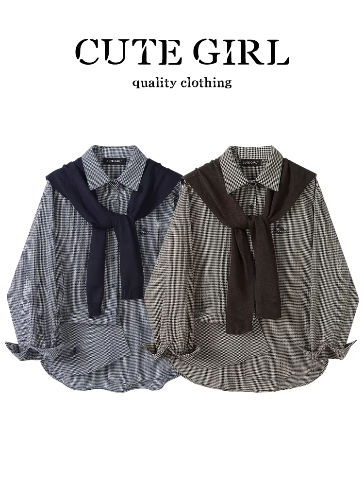 Áo sơ mi dài tay kẻ sọc nâu lấy cảm hứng từ thiết kế CuteGirl có khăn choàng cho nữ, áo sơ mi dáng rộng và đa năng cao cấp mùa thu