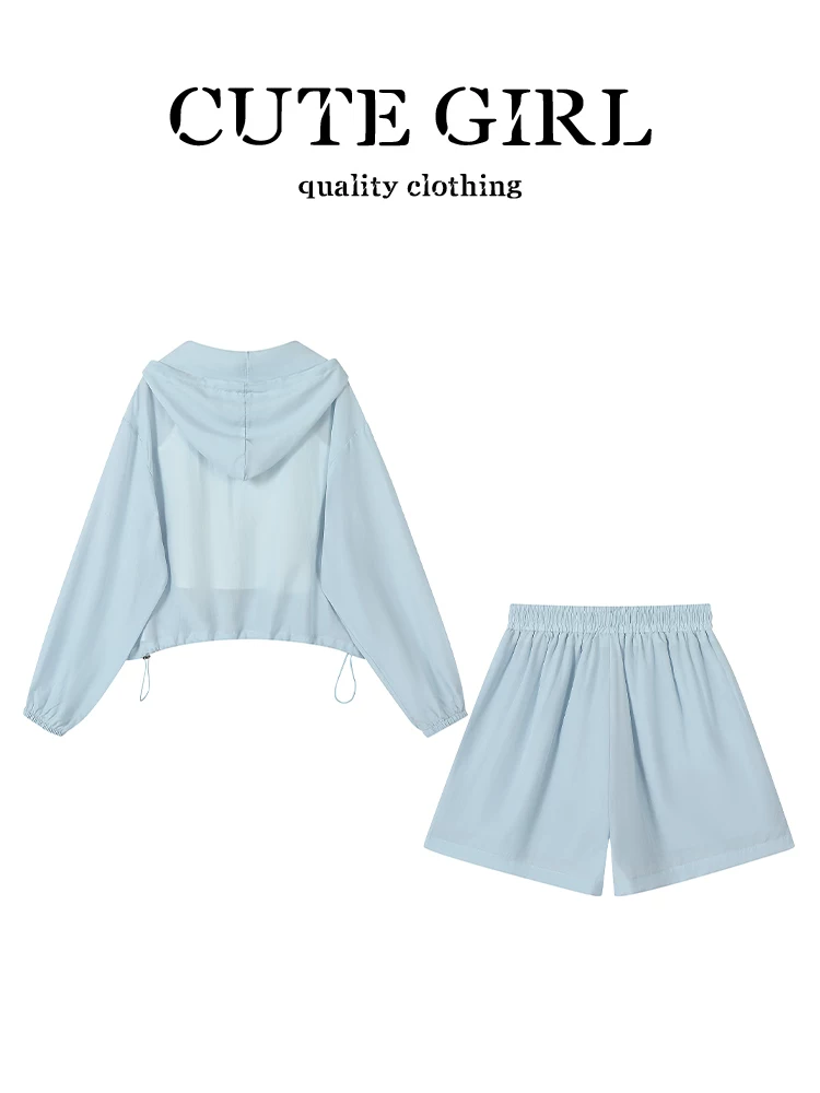 Bộ trang phục mùa hè thoải mái của CuteGirl dành cho nữ, áo chống nắng có mũ, áo vest in hình, quần short ống rộng bộ ba món