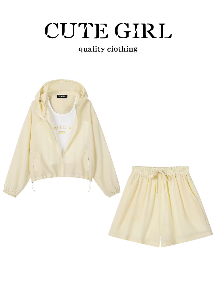 Bộ trang phục ootd mùa hè CuteGirl dành cho nữ, áo khoác chống nắng mỏng có mũ, áo vest in hình, quần short bộ ba món