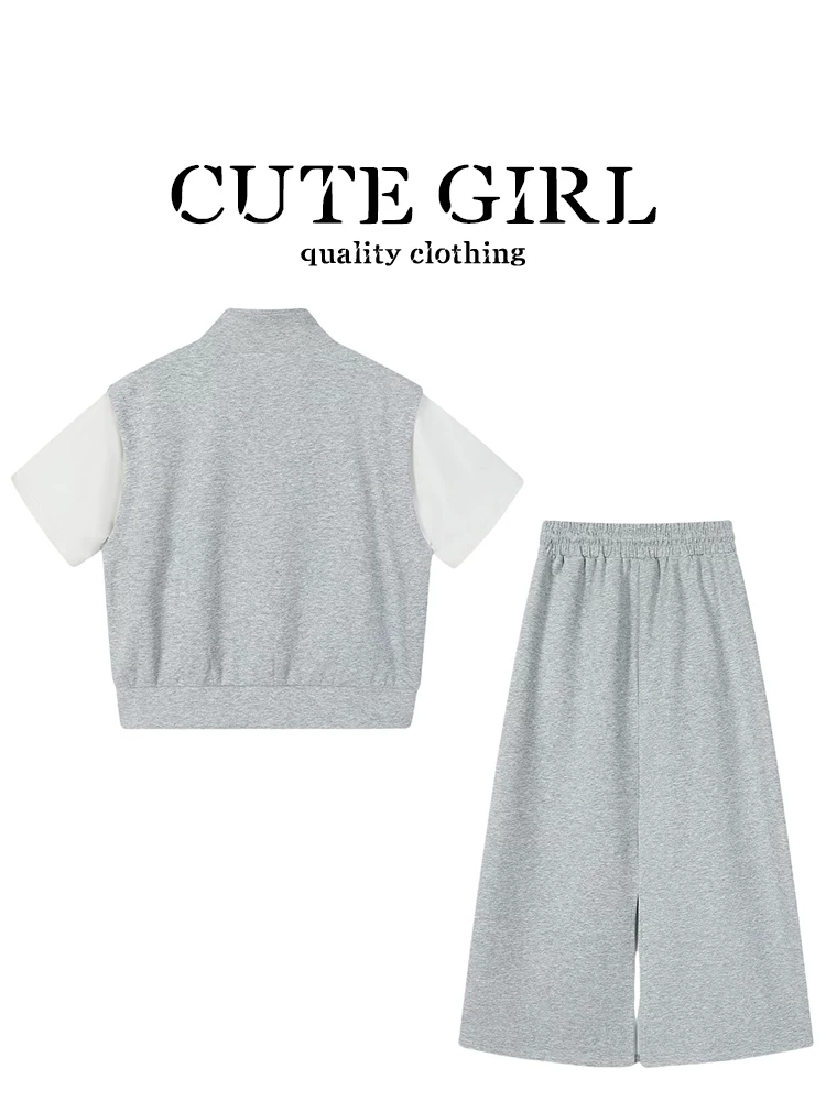 CuteGirl thời trang Hàn Quốc áo khoác cardigan giả hai mảnh ngắn tay dành cho nữ mùa hè váy thẳng màu xám bộ hai mảnh