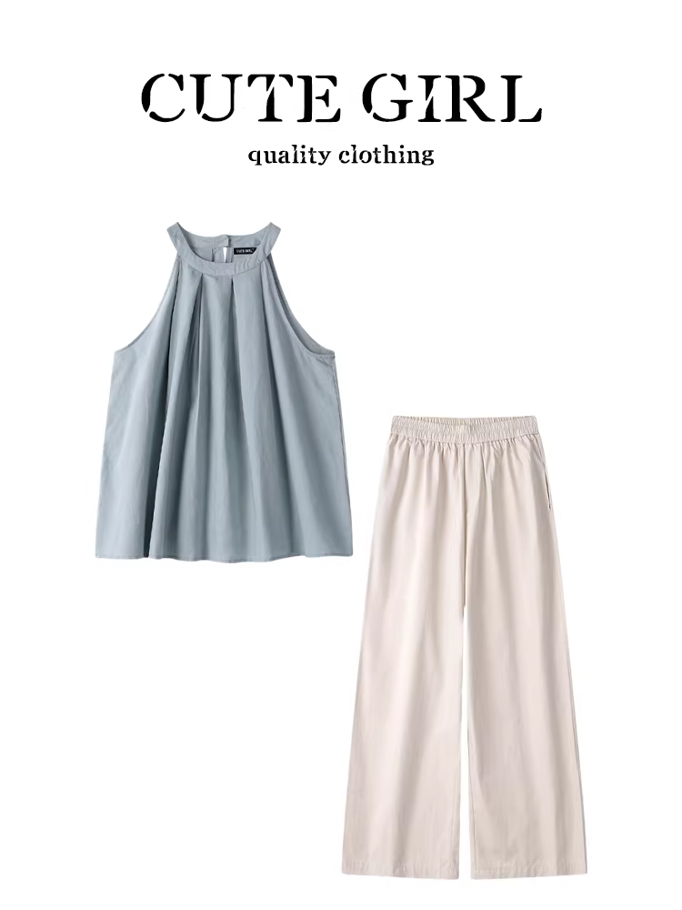 Bộ đồ hai mảnh kiểu Hàn Quốc thời trang trẻ trung gồm áo hai dây cổ halter và quần ống rộng dáng thẳng dành cho nữ mùa hè