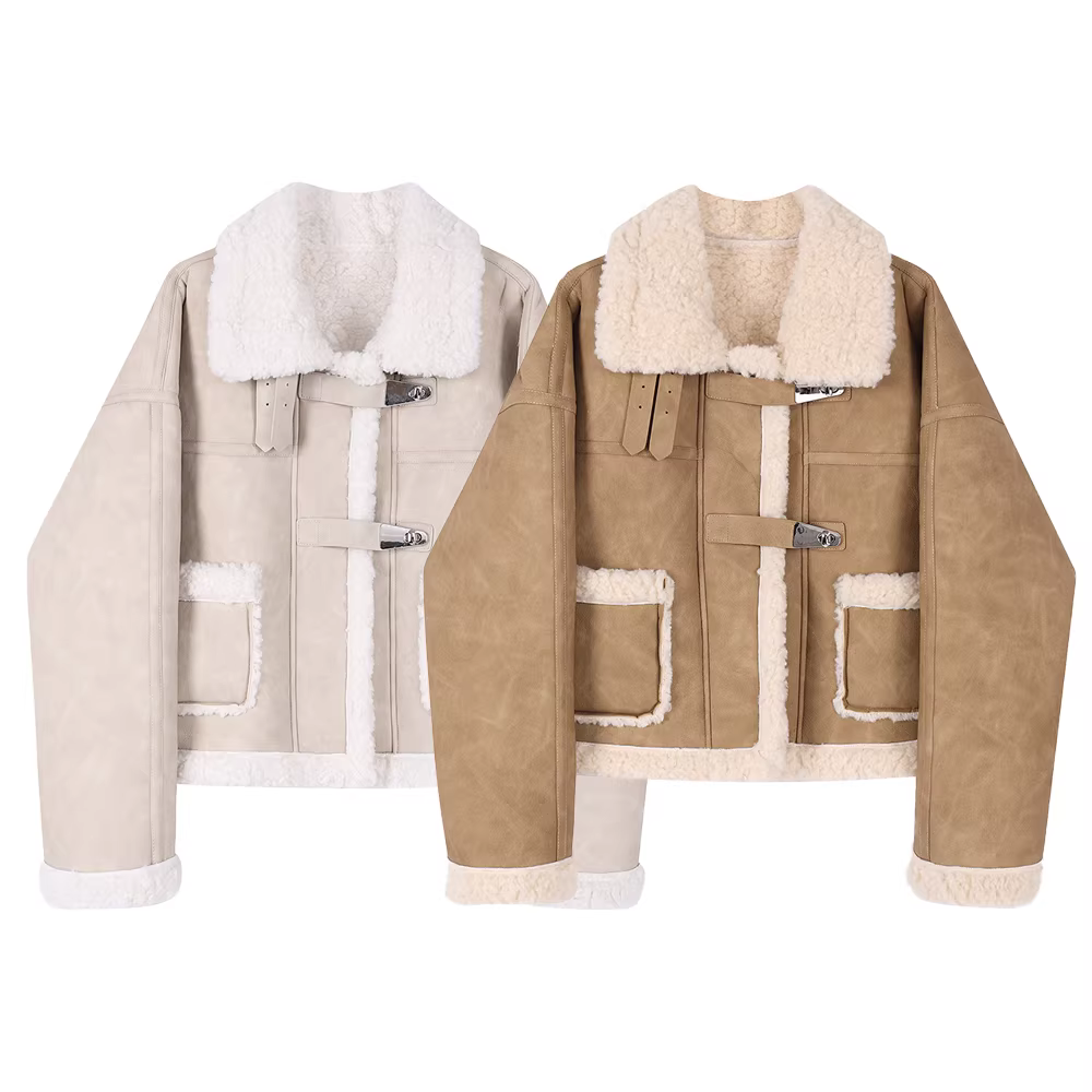 Áo khoác biker kiểu Pháp dáng nhỏ xinh, dày dặn, tích hợp lông thú và len cừu dành cho nữ, mẫu mới thu đông 2025.