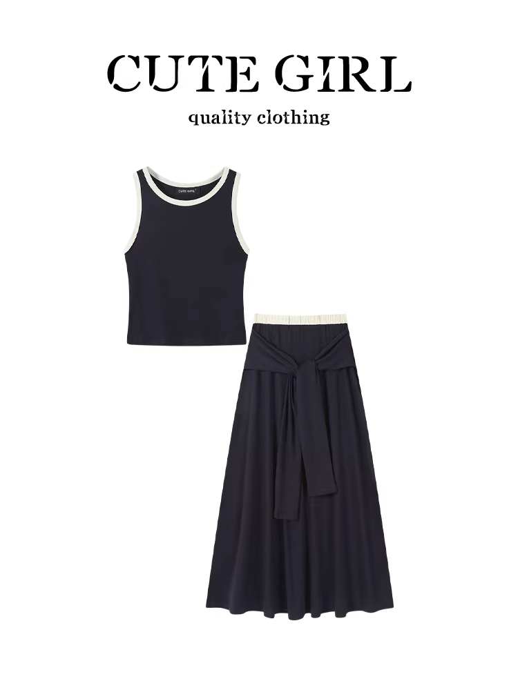 Bộ đồ mùa hè xinh xắn của CuteGirl với áo vest không tay màu tương phản và váy hai dây xếp nếp