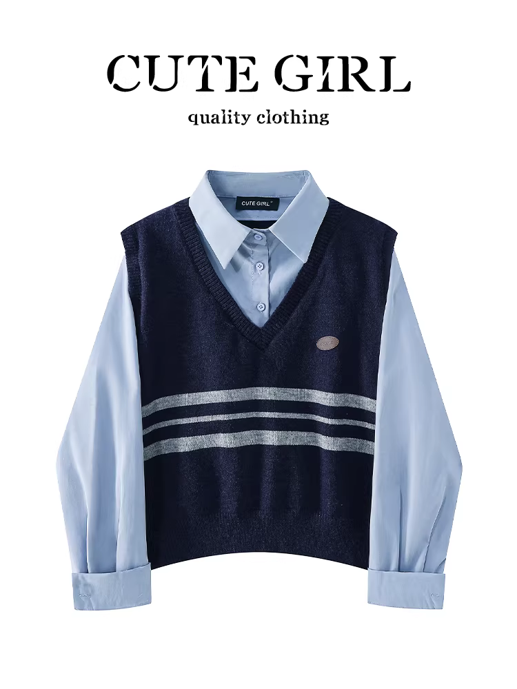 Bộ trang phục đầu thu phong cách Hàn Quốc dành cho nữ, áo sơ mi cổ xanh, áo vest dệt kim sọc, bộ hai mảnh giảm tuổi tác