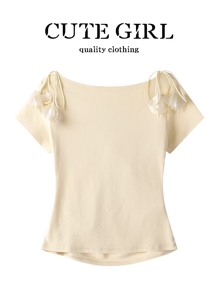 Áo thun ngắn tay màu vàng thiết kế hoa ba chiều của CuteGirl dành cho nữ mùa hè có nếp gấp eo