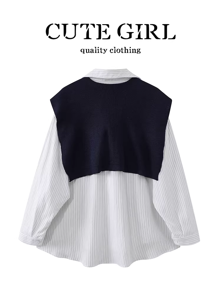 Áo sơ mi sọc trắng có túi độc đáo theo phong cách Hàn Quốc dành cho nữ, áo sơ mi dài tay phong cách đại học mùa thu