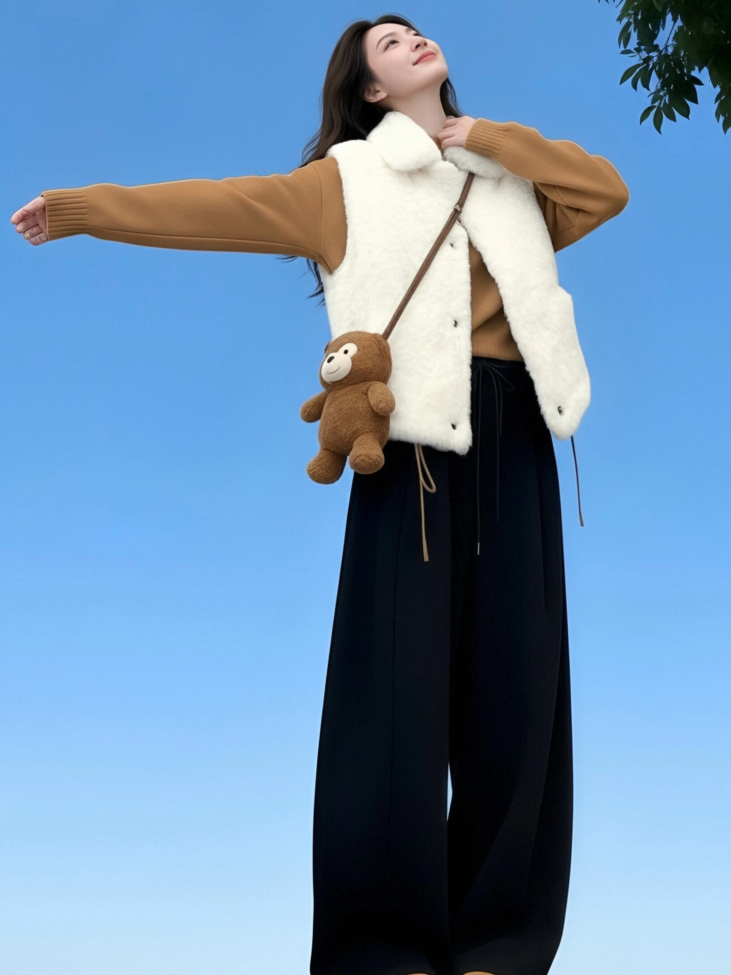 Áo khoác cổ lông màu trắng sành điệu của CuteGirl dành cho nữ, mùa đông, thanh lịch, dáng rộng, đa năng, giảm béo, áo vest ấm áp