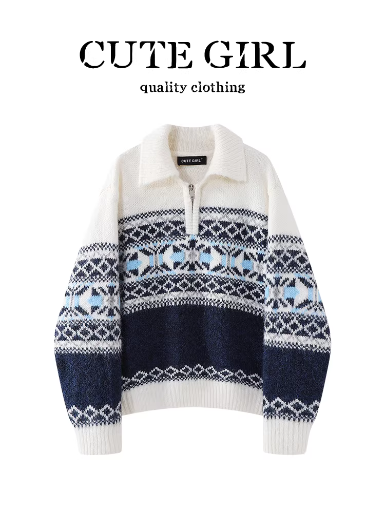 Áo len có khóa kéo jacquard Fair Isle lấy cảm hứng từ thiết kế CuteGirl dành cho nữ, phong cách mùa đông, dáng rộng và đa năng, chất liệu dệt kim có cổ.