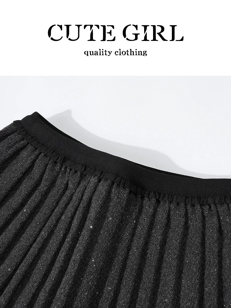 CuteGirl Váy xếp ly sequin mịn màu xám đậm phong cách Hàn Quốc dành cho nữ, váy đa năng cạp cao phong cách preppy mùa đông