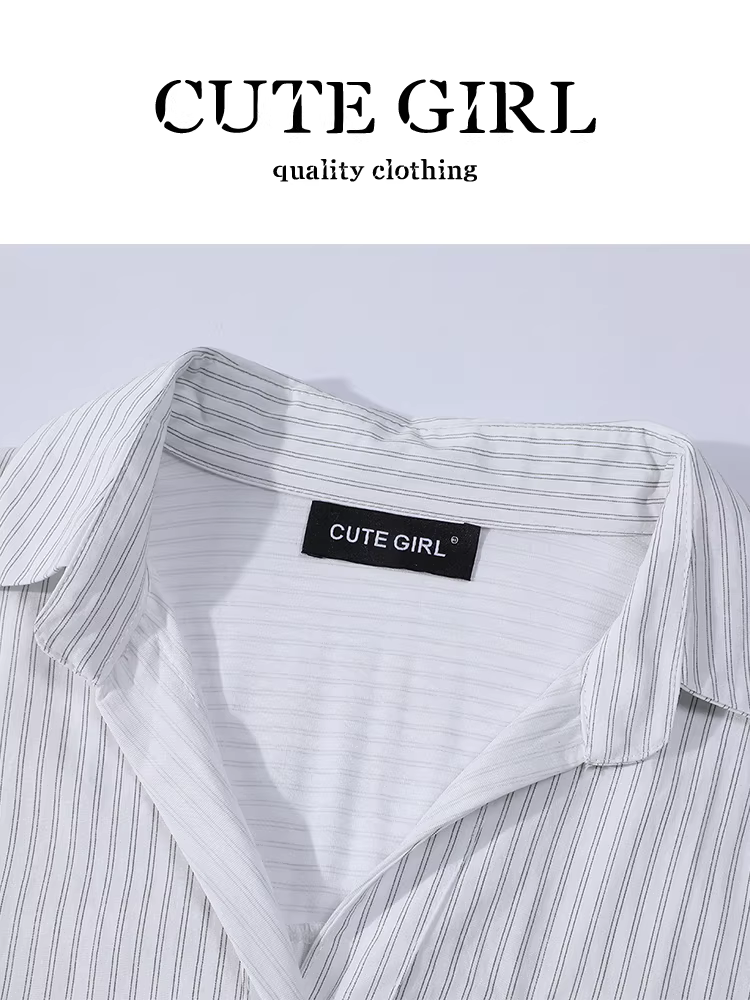 Áo sơ mi sọc trắng có túi độc đáo theo phong cách Hàn Quốc dành cho nữ, áo sơ mi dài tay phong cách đại học mùa thu