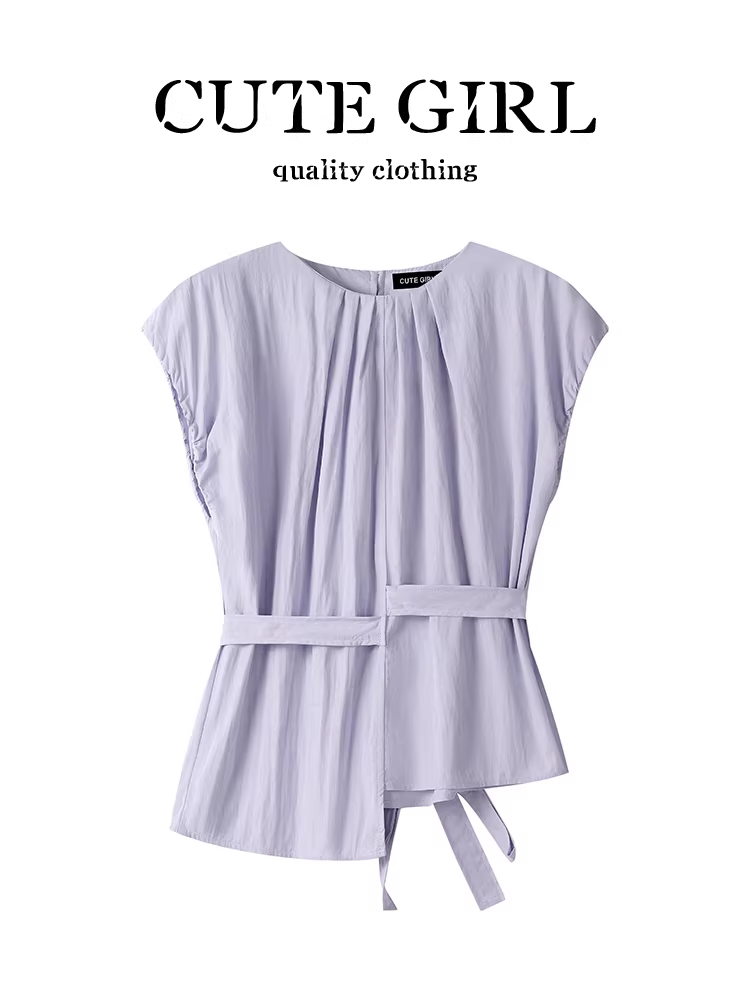 Áo sơ mi ngắn tay bất đối xứng độc đáo phong cách Hàn Quốc của CuteGirl có tay áo bay nhỏ dành cho nữ mùa hè có dây đeo lưng thắt eo