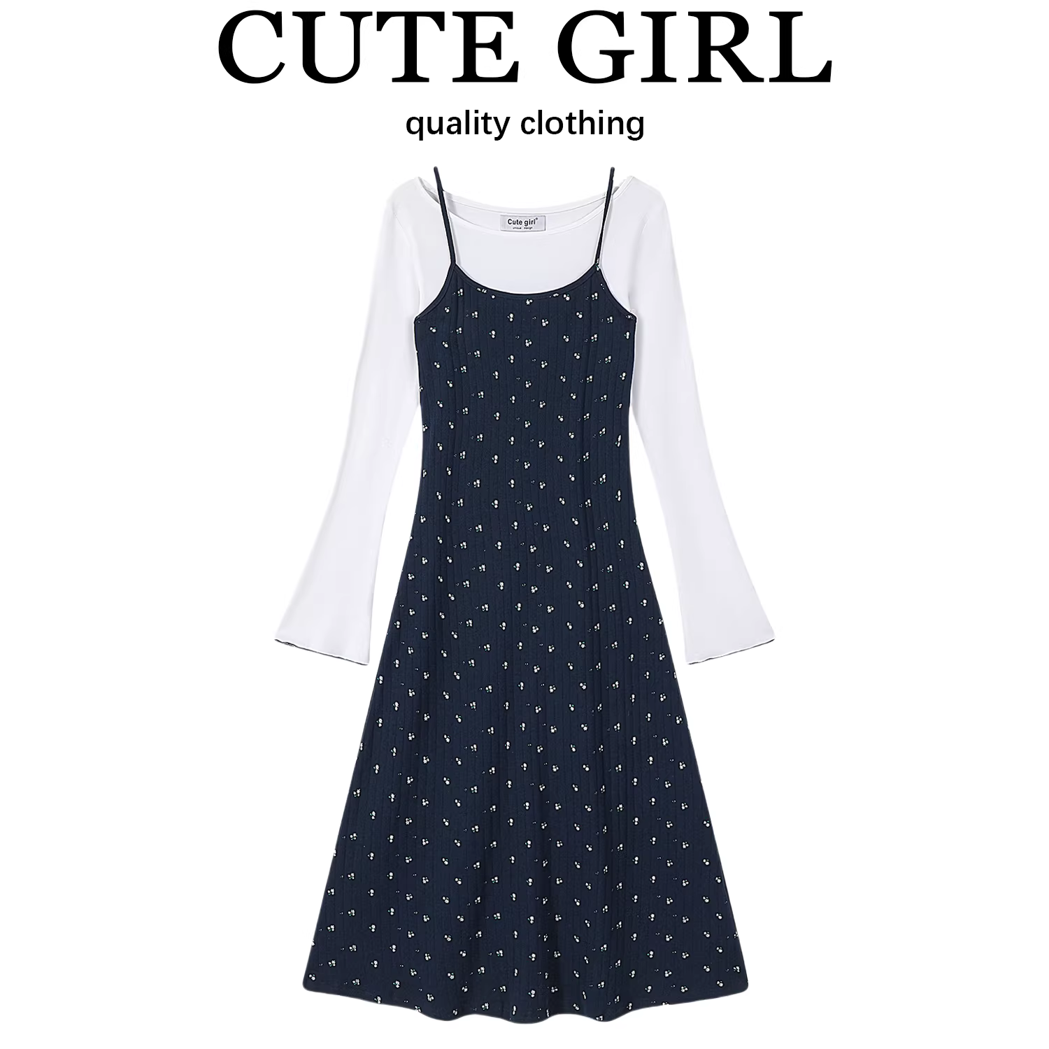 CuteGirl Đầm dây hoa phong cách Hàn Quốc dành cho nữ mùa xuân Áo thun dài tay màu trắng có đáy Bộ đồ hai mảnh