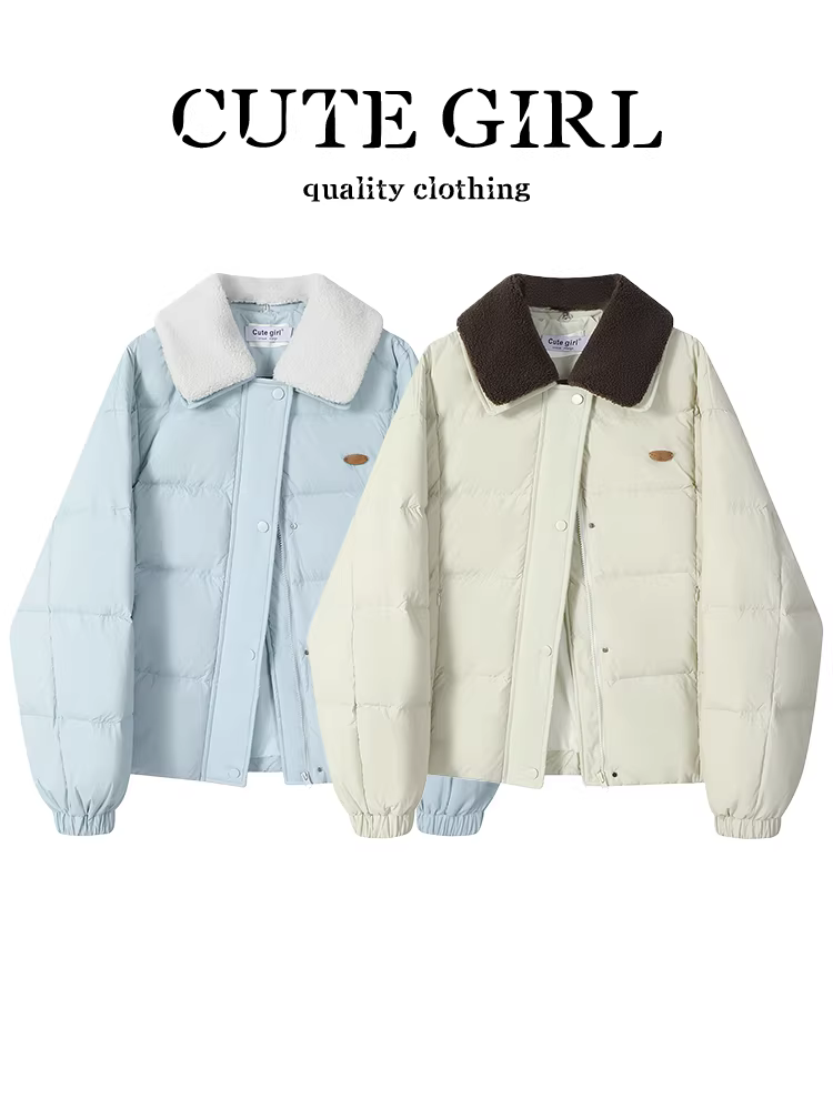 Áo khoác ngắn có cổ phối màu phong cách Hàn Quốc của CuteGirl dành cho nữ, thiết kế thu đông, dáng rộng, đa năng, áo khoác cotton giảm tuổi tác.