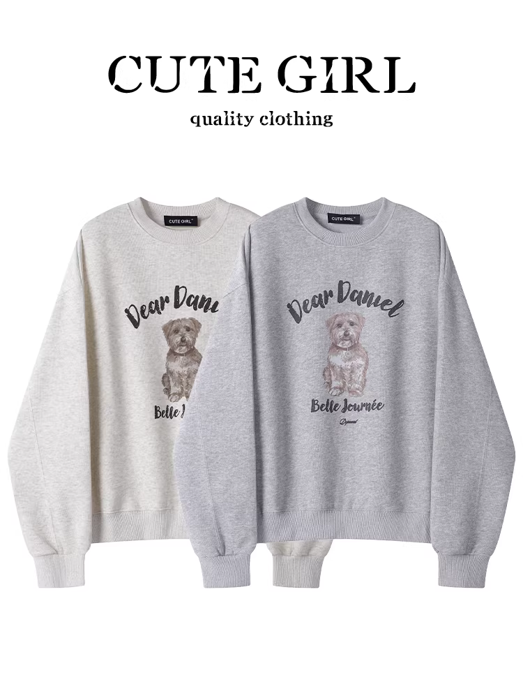 Áo len dài tay cổ tròn in họa tiết màu xám lấy cảm hứng từ thiết kế CuteGirl dành cho nữ, phong cách mùa thu, áo dáng rộng, giản dị và đa năng.