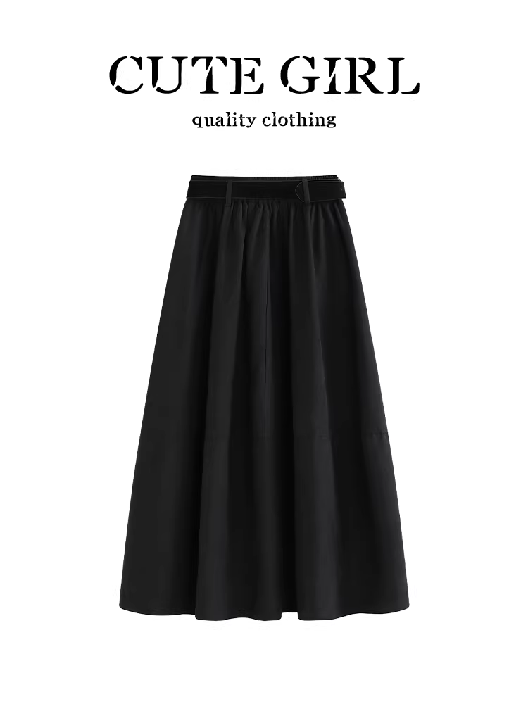 Váy chữ A màu đen phong cách Hàn Quốc có thắt lưng dành cho nữ, váy xòe đa năng eo cao thanh lịch mùa thu