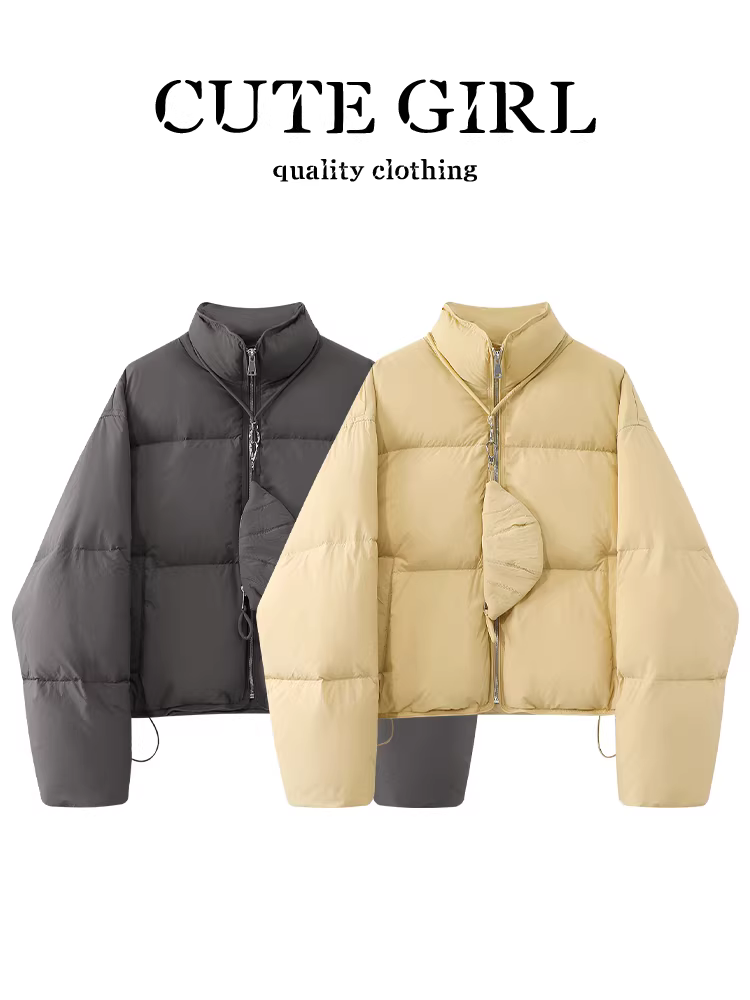 Áo khoác phao cổ đứng màu xám thời trang đơn giản và đa năng của CuteGirl dành cho nữ mùa đông áo khoác phao lông vịt trắng