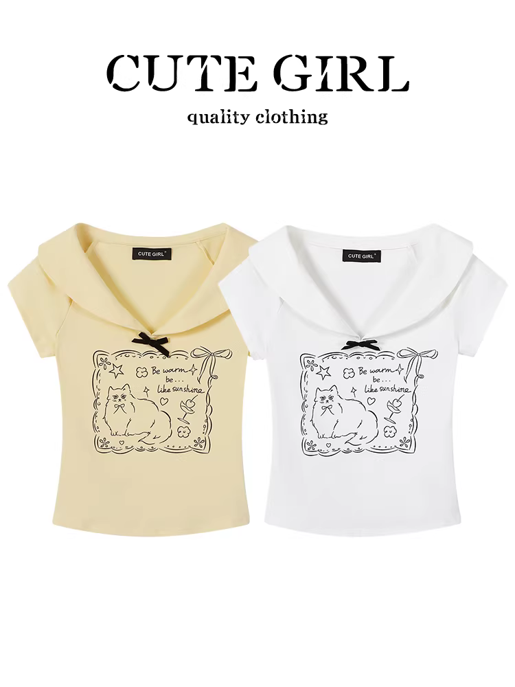 CuteGirl phong cách Hàn Quốc in hình hoạt hình giảm tuổi tác áo thun ngắn tay màu trắng có cổ áo thun ngắn tay mùa hè dành cho nữ