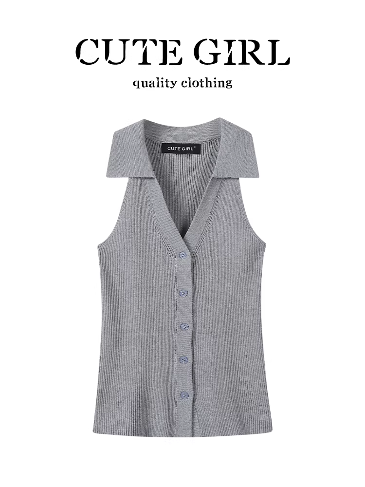 Áo gile len nữ cổ polo không tay phong cách tiền cổ điển, dáng ôm, thích hợp cho đầu thu