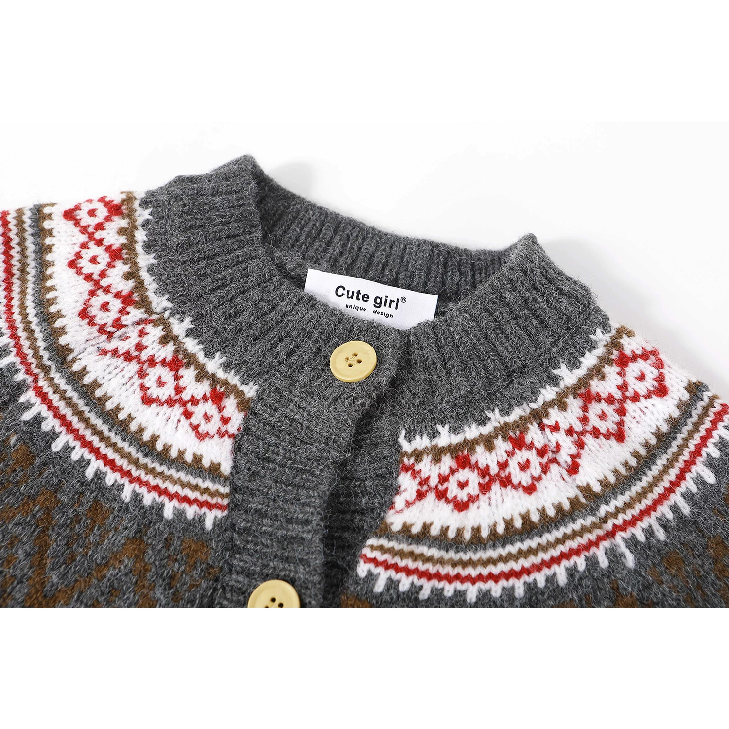 Áo khoác len màu xám mềm mại phong cách cổ điển CuteGirl Fair Isle dành cho nữ mùa thu đông Áo cardigan dệt kim lười biếng phong cách Hàn Quốc