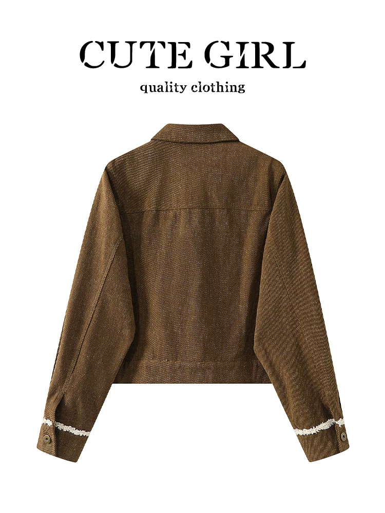 Áo khoác denim màu nâu cổ điển dễ thương dành cho nữ mùa thu đông phối ren phối áo khoác có cổ áo khoác cardigan
