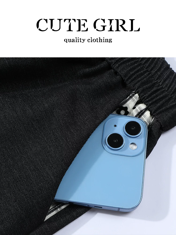 Quần jean ống rộng phối ren lưng thun màu đen sành điệu dành cho nữ, quần ống đứng đa năng cạp cao giảm béo mùa thu