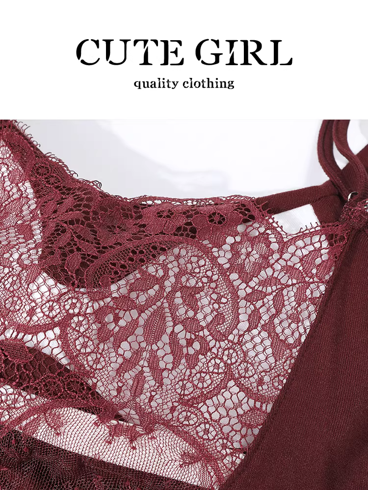 Áo camisole nữ mùa hè kiểu dáng gợi cảm, phối ren sau lưng, màu đỏ, ôm sát body, phong cách trẻ trung.