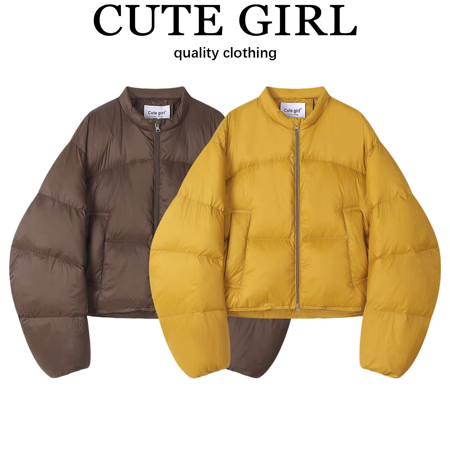 Áo khoác phao nữ mùa đông CuteGirl kiểu dáng nhỏ nhắn, tay áo cong, cổ đứng nhỏ, màu trắng, chất liệu lông vũ, áo khoác ngoài dày dặn