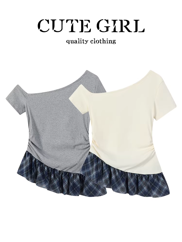 Áo thun ngắn tay kiểu dáng cổ điển Hàn Quốc có họa tiết kẻ sọc chắp vá lệch vai dành cho nữ, áo hai mảnh không đều có dây thắt eo cho kỳ nghỉ hè