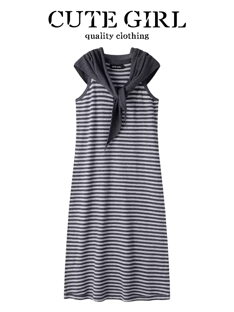 Váy dệt kim sọc phong cách Hàn Quốc có khăn choàng dành cho nữ, đầu thu, mang lại cảm giác cao cấp, váy thẳng dáng rộng và thon gọn.