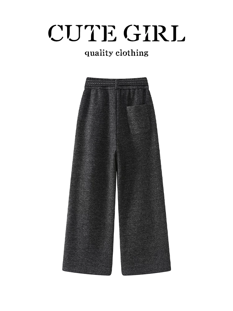 Quần thường ngày có dây thun co giãn phong cách Hàn Quốc dành cho nữ, mùa thu đông, quần ống rộng thanh lịch, rộng rãi, đa năng
