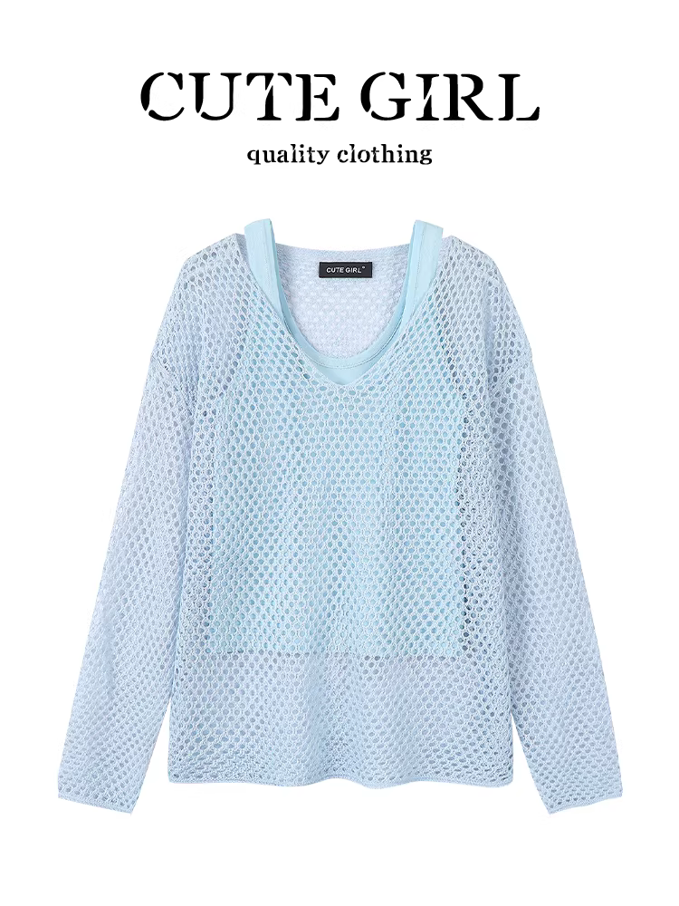 CuteGirl phong cách lười biếng thoải mái màu xanh cổ chữ V khoét rỗng áo chống nắng áo vest nữ mùa hè không tay bộ hai món