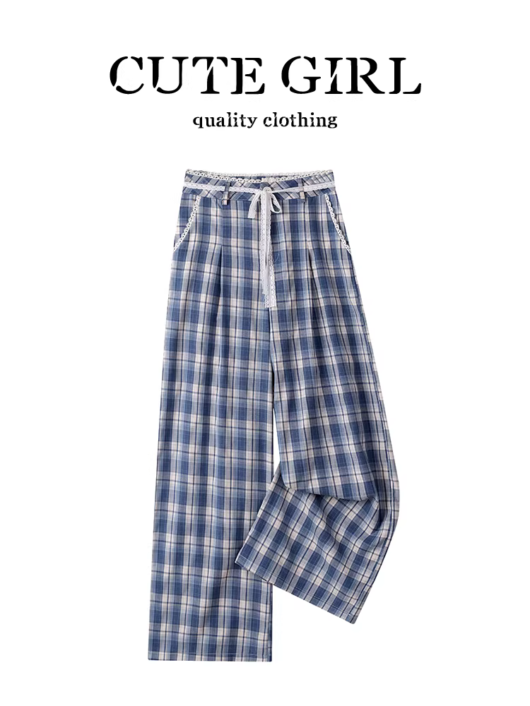 Quần ống rộng kẻ sọc xanh cao cấp phong cách Hàn Quốc dành cho nữ, quần ống rộng lưng cao phối ren thanh lịch mùa hè