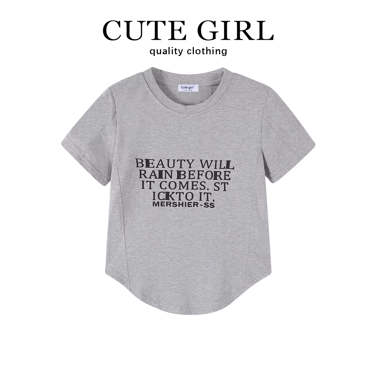 Áo thun nữ tay ngắn màu xám in họa tiết lấy cảm hứng từ CuteGirl, mùa hè 2025, kiểu dáng ngắn bất đối xứng, phong cách hot girl