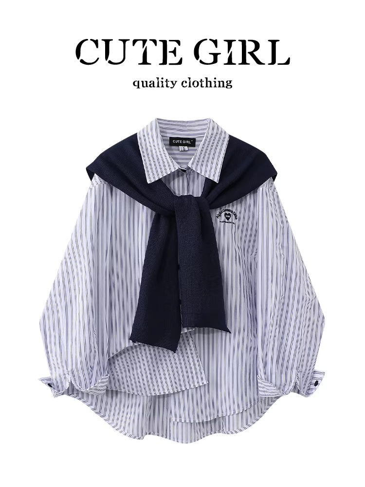 Áo sơ mi dài tay thêu sọc xanh phong cách lười biếng CuteGirl dành cho nữ, áo sơ mi thường ngày xếp lớp mùa thu