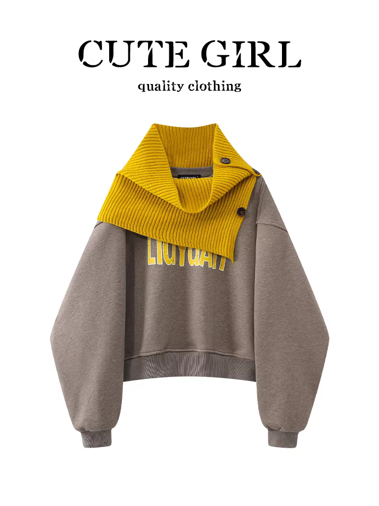 Áo len phong cách Hàn Quốc dễ thương có khăn quàng cổ, lót lông cừu và dày dặn, in chữ, áo lười mới mùa thu đông dành cho nữ