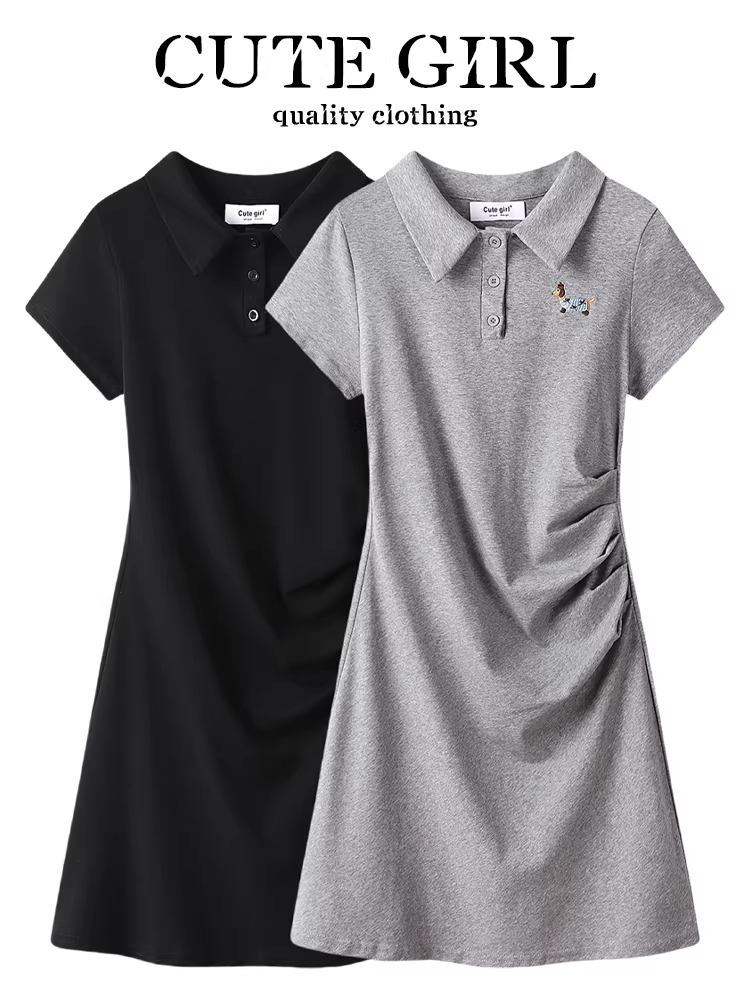 Váy ngắn tay cổ polo kiểu preppy dễ thương dành cho nữ, váy ngắn thêu đa năng mùa hè mới giúp thon gọn dáng người