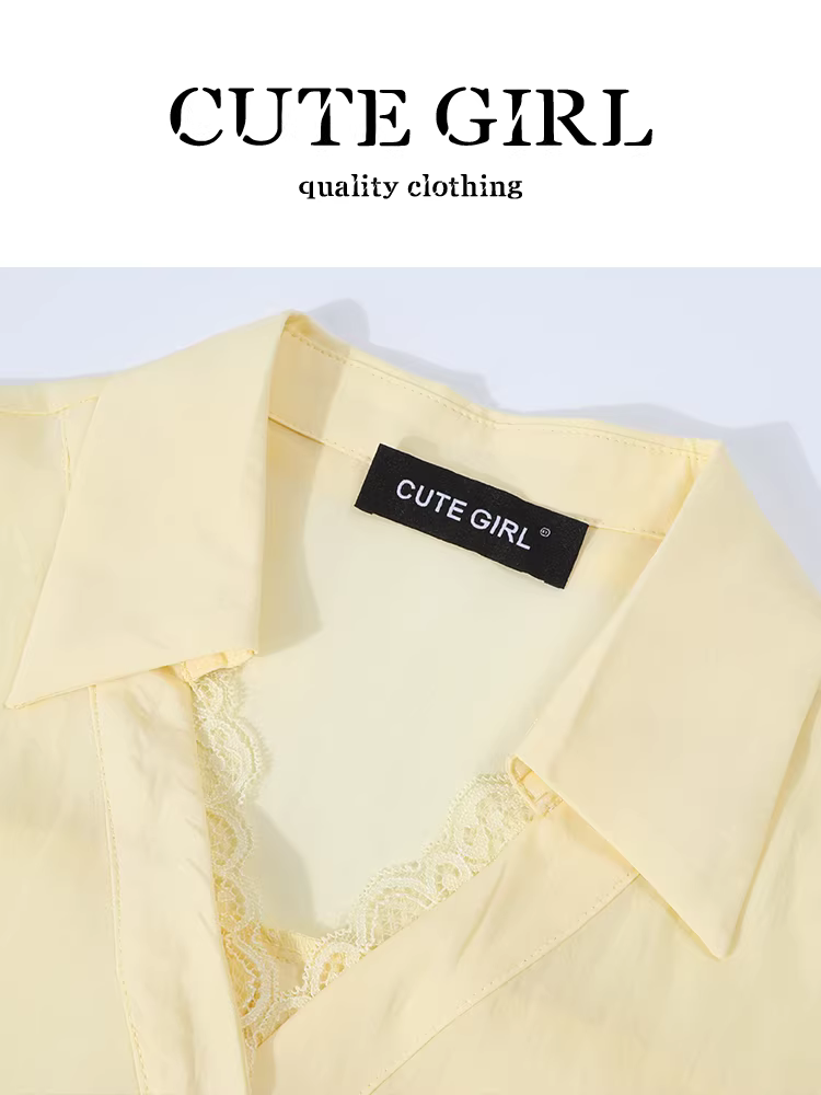 Áo sơ mi trắng phối ren phong cách Pháp dễ thương và ngọt ngào dành cho nữ, trang phục công sở mùa hè có thắt lưng