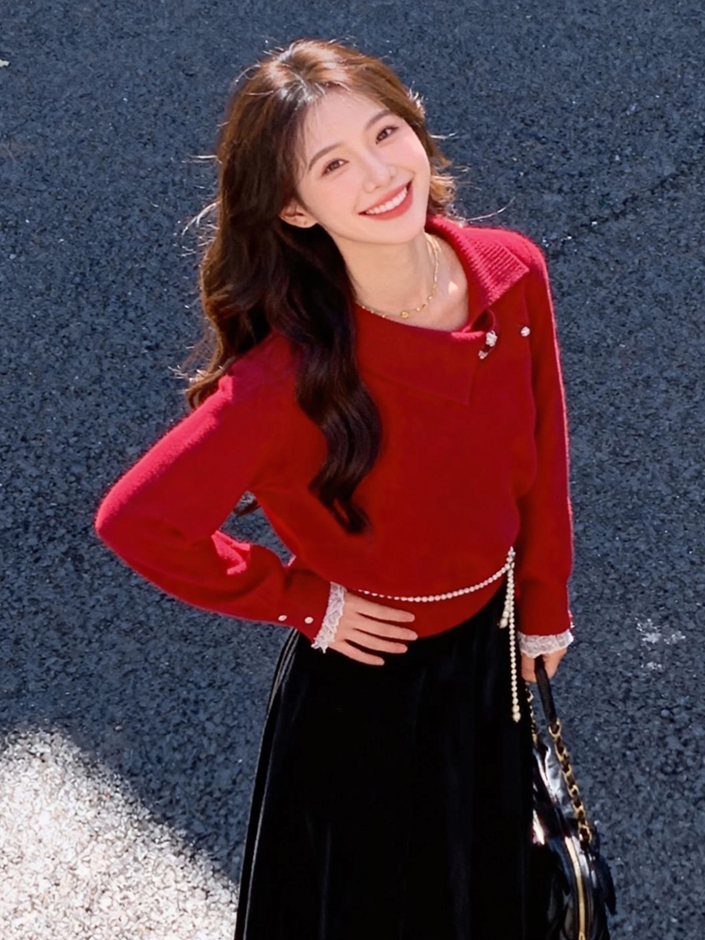 CuteGirl Áo len chui đầu cổ polo màu đỏ sang trọng phong cách Hàn Quốc dành cho nữ mùa đông Giáng sinh Trang phục năm mới áo dệt kim