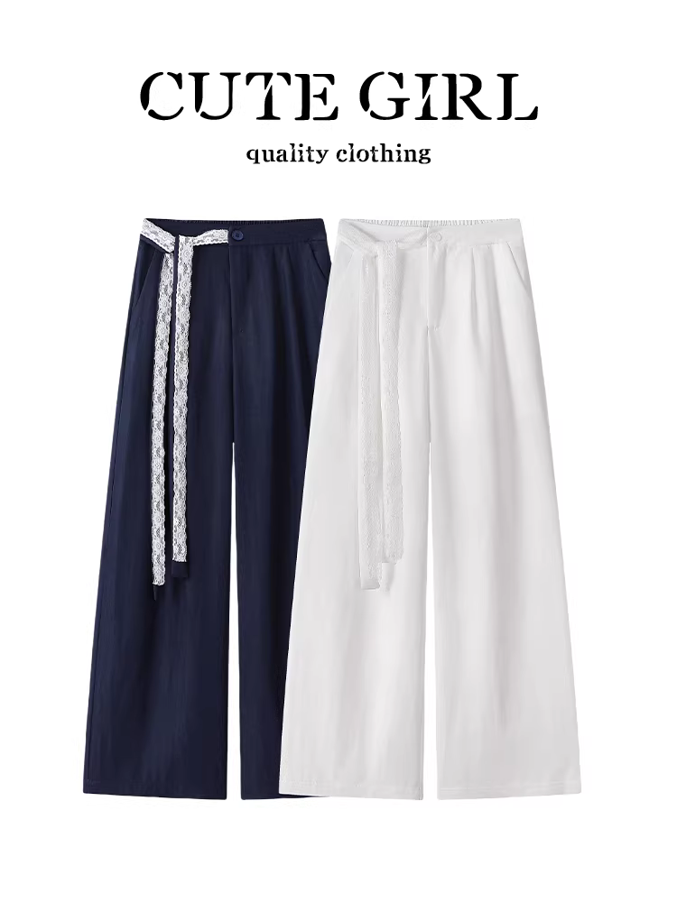 CuteGirl phong cách Hàn Quốc phối ren sang trọng phối ren quần ống rộng thông thường dành cho nữ mùa hè quần trắng thẳng lưng cao