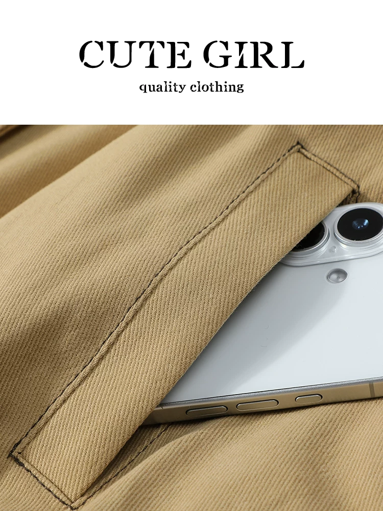 Áo khoác denim cổ lông màu kaki cổ điển của CuteGirl dành cho nữ trong mùa thu đông, áo khoác lót lông cừu thanh lịch, rộng rãi và đa năng