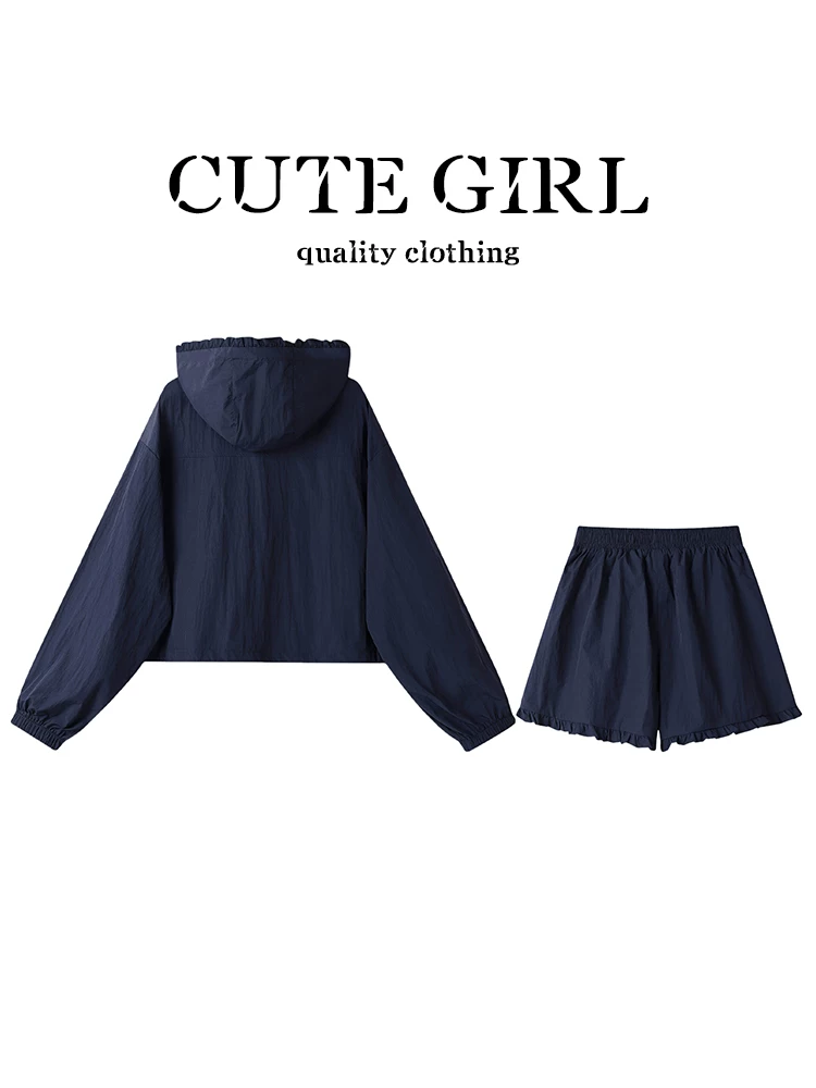 CuteGirl phong cách Hàn Quốc giản dị, áo khoác chống nắng có mũ trùm đầu màu xanh lam, quần short cạp cao mùa hè dành cho nữ, bộ đồ hai mảnh