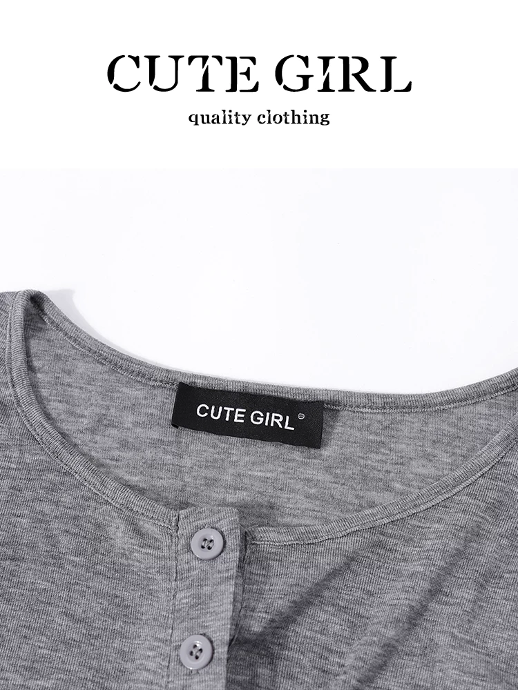 Bộ đồ cao cấp và sành điệu của CuteGirl dành cho nữ, áo thun dài tay cổ yếm màu xám đầu thu và quần thường ngày, bộ hai món