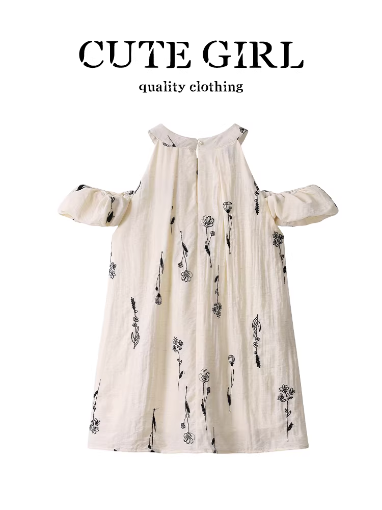 Áo sơ mi không tay cổ yếm thêu hoa phong cách resort của CuteGirl dành cho nữ trong mùa hè, áo trễ vai độc đáo và đẹp mắt