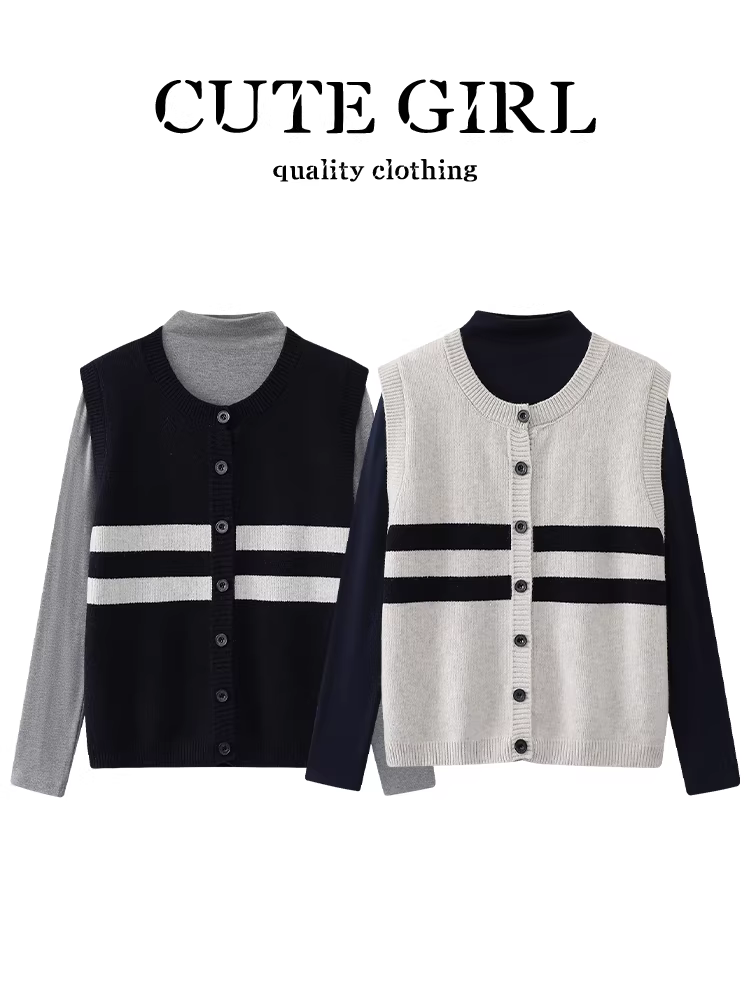 Bộ trang phục đầu thu phong cách Hàn Quốc CuteGirl dành cho nữ, áo vest dệt kim sọc màu mơ, áo thun dài tay, bộ đồ thanh lịch