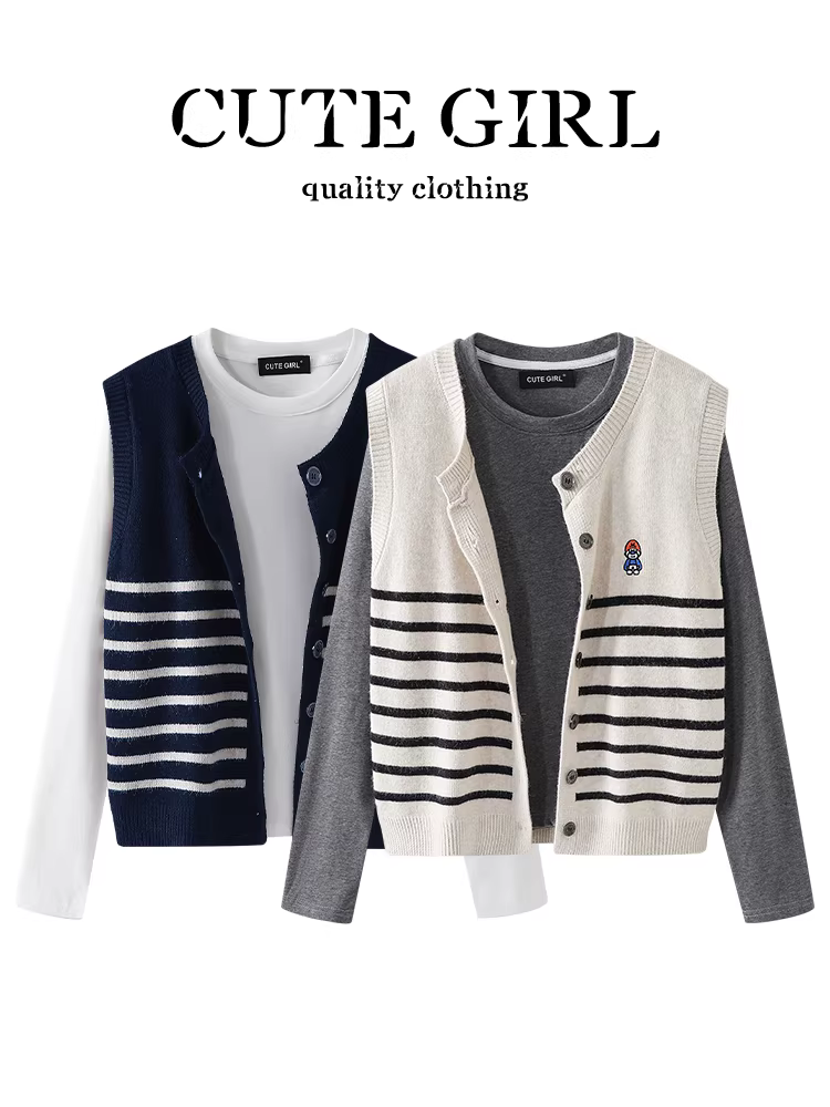 Bộ trang phục phong cách Hàn Quốc dễ thương dành cho nữ, áo vest dệt kim sọc thanh lịch mùa thu, áo thun dài tay, trang phục giảm tuổi tác.